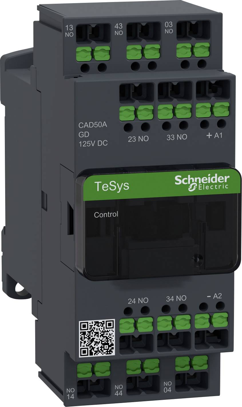 Ein elektrisches Schaltgerät von Schneider Electric, Modell TeSys CAD50A GD 125V DC, mit mehreren Anschlussklemmen und einem QR-Code.