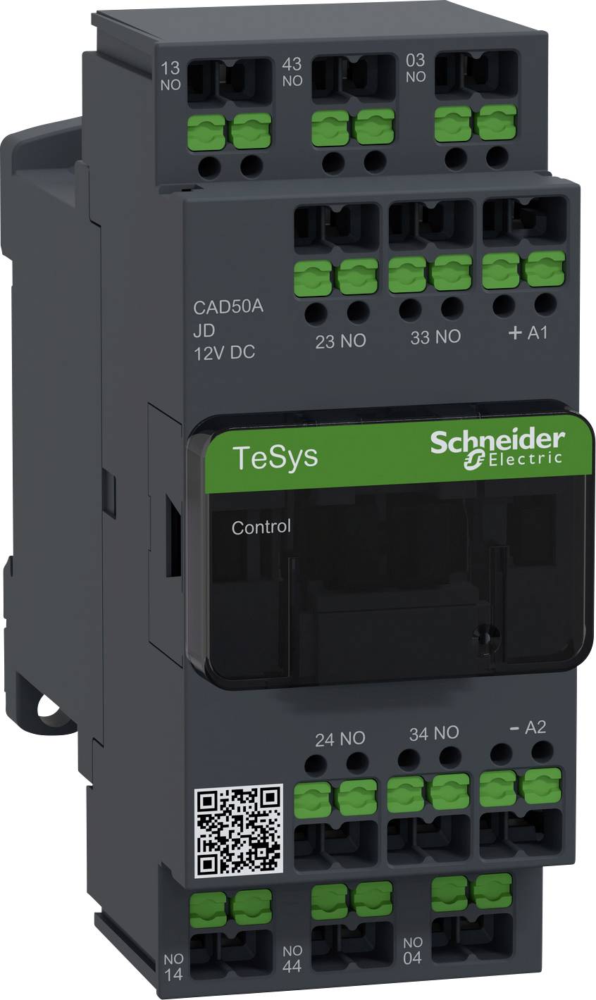 Schneider Electric TeSys CAD50A, 12V DC, 4-poliger Schütz mit grünen Klemmen und QR-Code, Vorderansicht.