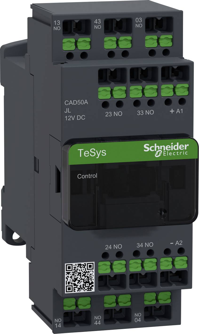Schneider Electric Schütz TeSys CAD50A, 12V DC, für Steuerung elektrischer Schaltungen. Enthält QR-Code und Anschlusspole.