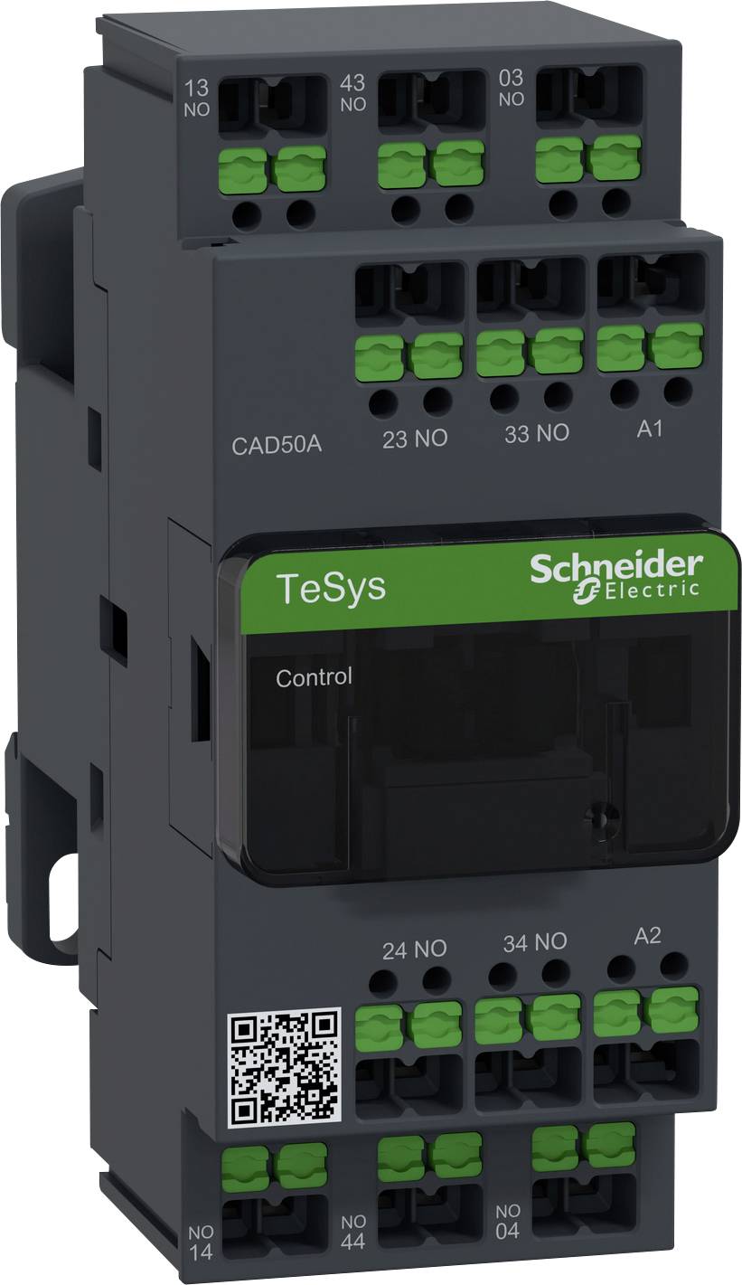 Elektrisches Schütz von Schneider Electric mit grünen Klemmen oben und unten, beschriftet mit 'TeSys', Modell CAD50A. QR-Code unten links.