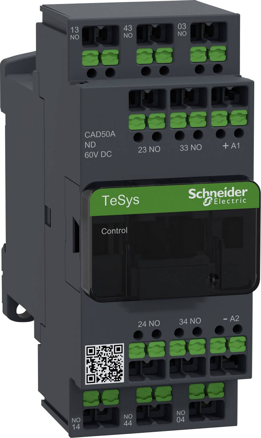 Elektronisches Modul, beschriftet mit 'TeSys Schneider Electric'. Enthält mehrere grüne Anschlussklemmen und einen QR-Code.