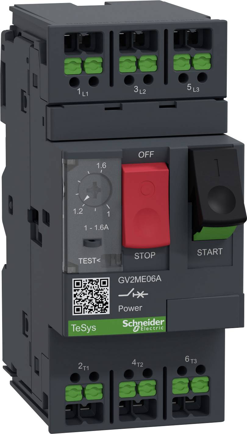 Elektrischer Leistungsschalter von Schneider Electric mit grünem Startknopf, rotem Stoppknopf und QR-Code zur Information.