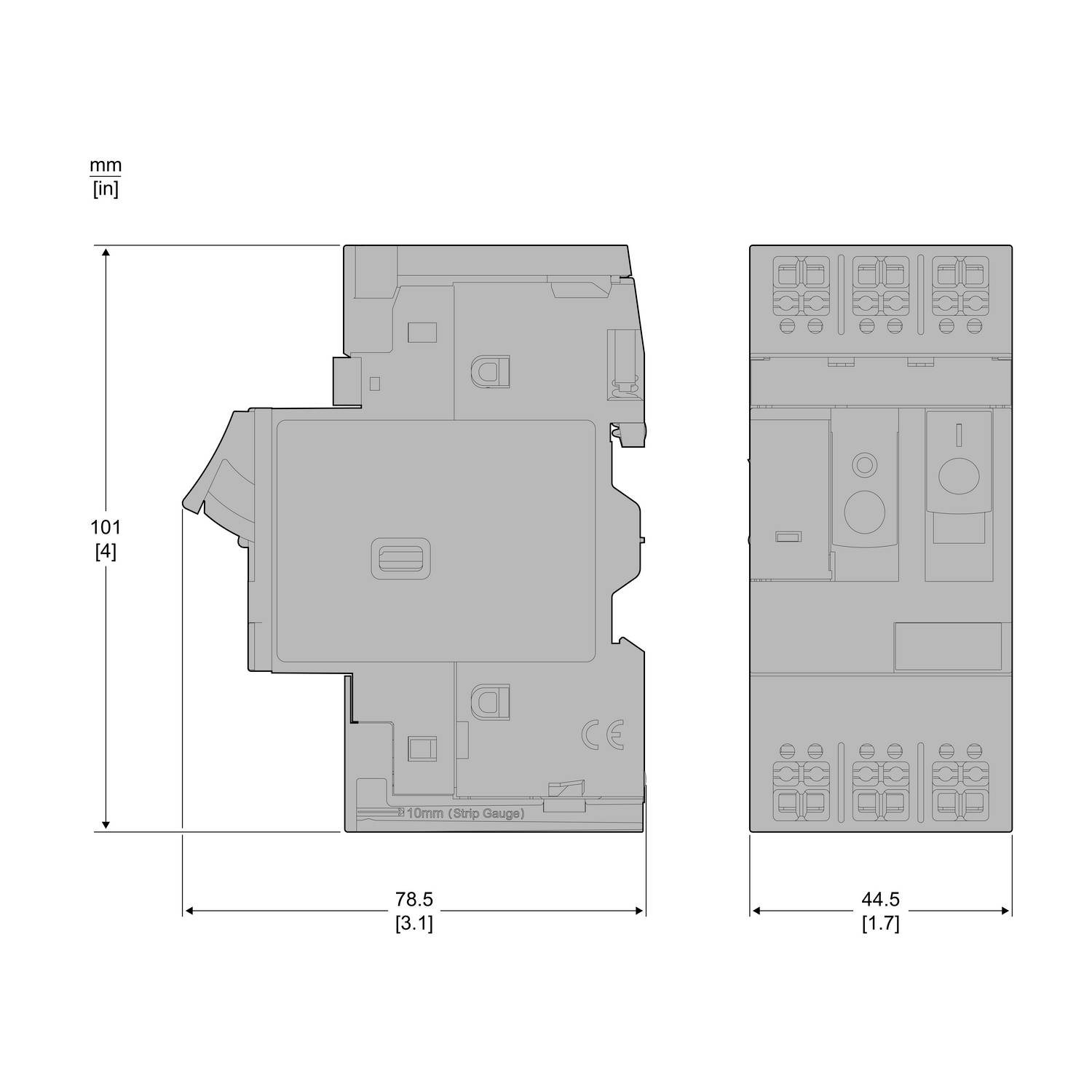 Technische Zeichnung eines rechteckigen Geräts mit Abmessungen: 101 mm x 78,5 mm x 44,5 mm, mit verschiedenen Anschlüssen oben.