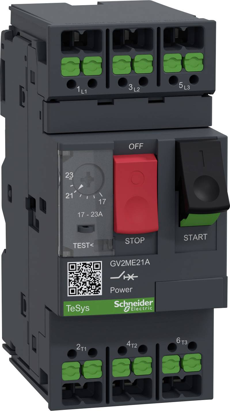 'Schneider Electric TeSys Motorschutzschalter GV2ME21A', zeigt Schalter mit Start/Stop-Tasten, Test-Modus, Leistungseinstellung und QR-Code.