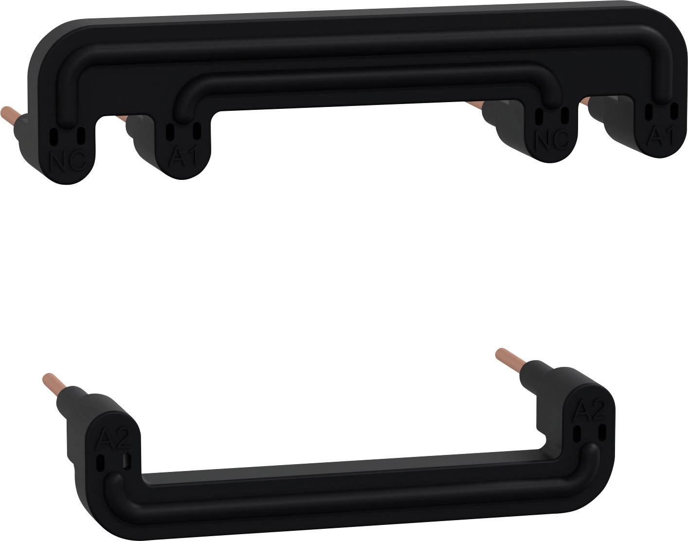 Schwarze Kunststoffverbinder mit Kupferstiften, einer oben, einer unten. Geeignet für elektrische Verbindungen in Schaltschränken.