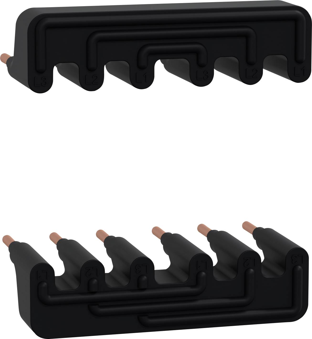 Zwei schwarze Kunststoffhalter für Kabel, einer mit vertikalen und der andere mit horizontalen Schlitzen. Halter haben fünf Einbuchtungen.