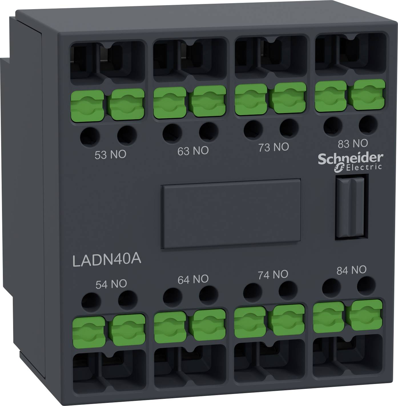 Elektrischer Schaltkontaktblock von Schneider Electric, Modell LADN40A. Dunkelgraues Gehäuse mit grünen Anschlusspunkten.