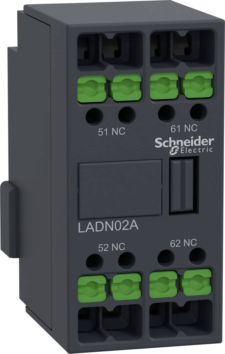 'Schneider Electric' Elektrisches Modul LADN02A, dunkelgrau mit grünen Anschlussklemmen, Anschlussnummern 51 NC, 52 NC, 61 NC, 62 NC.