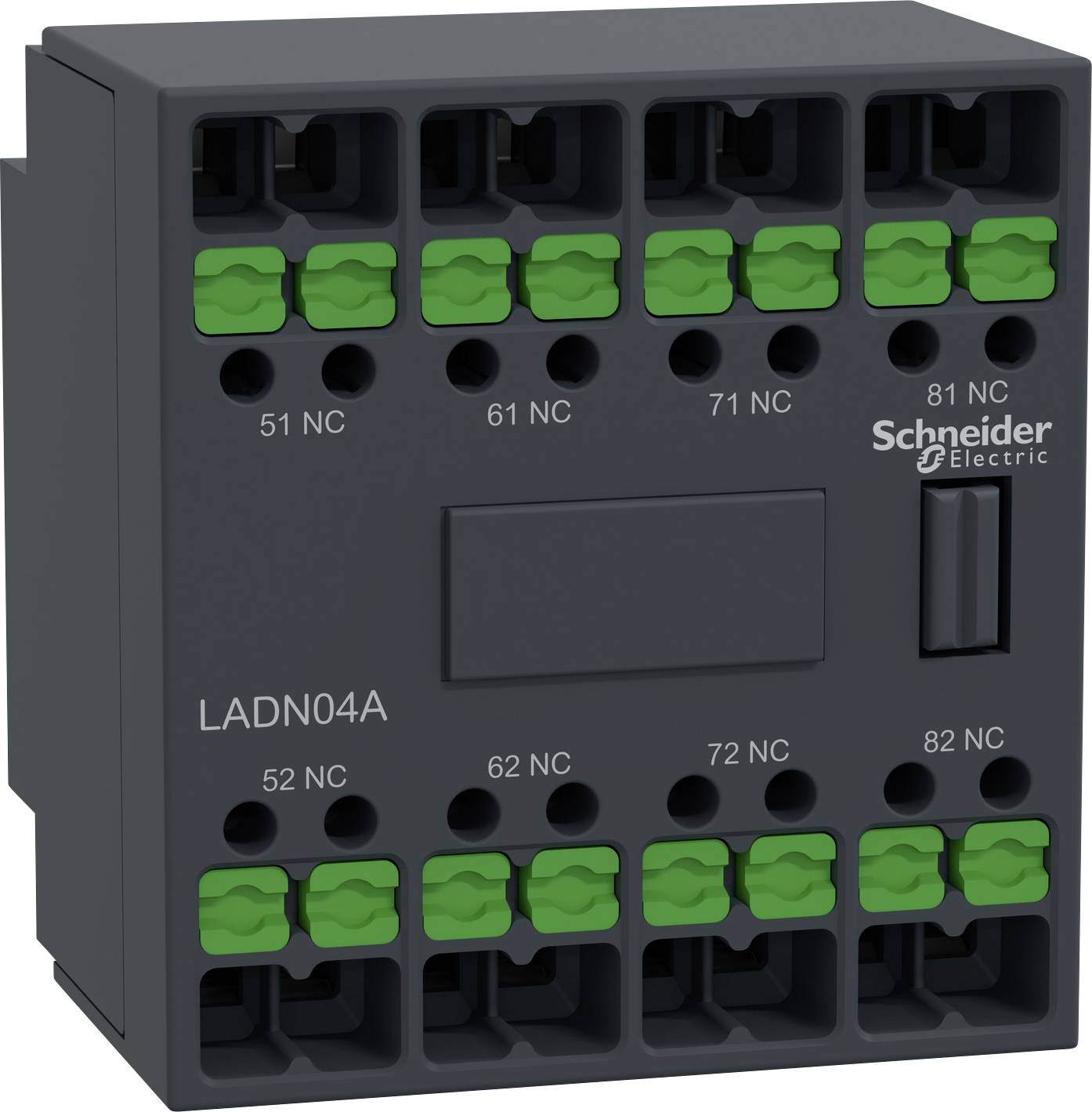 Schwarzer elektrischer Schaltkasten von Schneider Electric mit grünen Anschlussklemmen, Model 'LADN04A', Beschriftung '51/61 NC'.