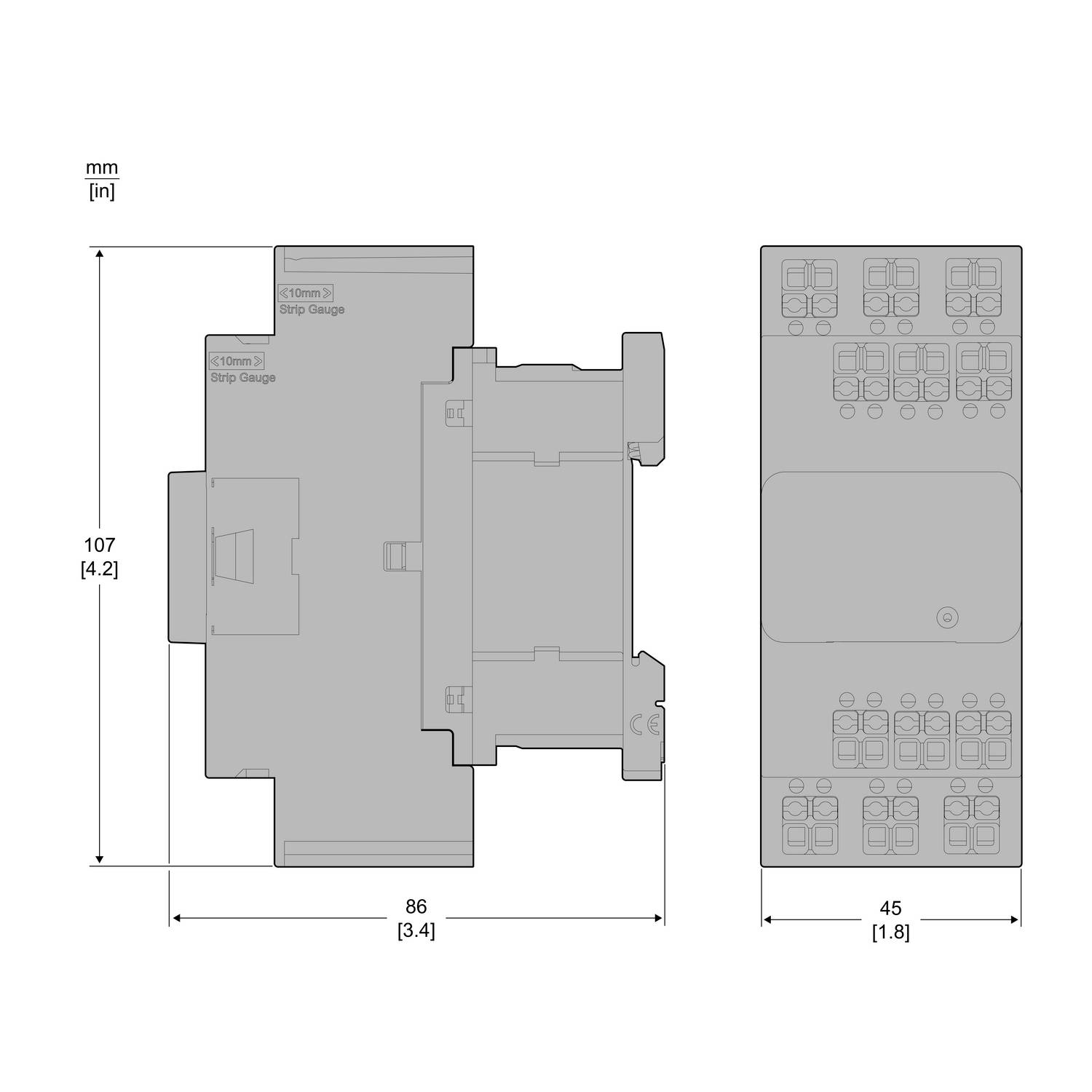 Diagramm eines Moduls mit Abmessungen: 107 mm x 86 mm x 45 mm. Rechte Ansicht zeigt Steuerungselemente. Maße in mm und Zoll angegeben.
