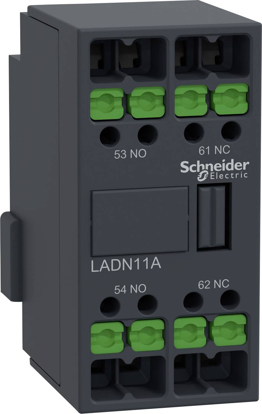 'Schneider Electric LADN11A' Hilfskontaktblock mit vier grünen Klemmen oben und vier unten. Geeignet für industrielle Steuerungssysteme.