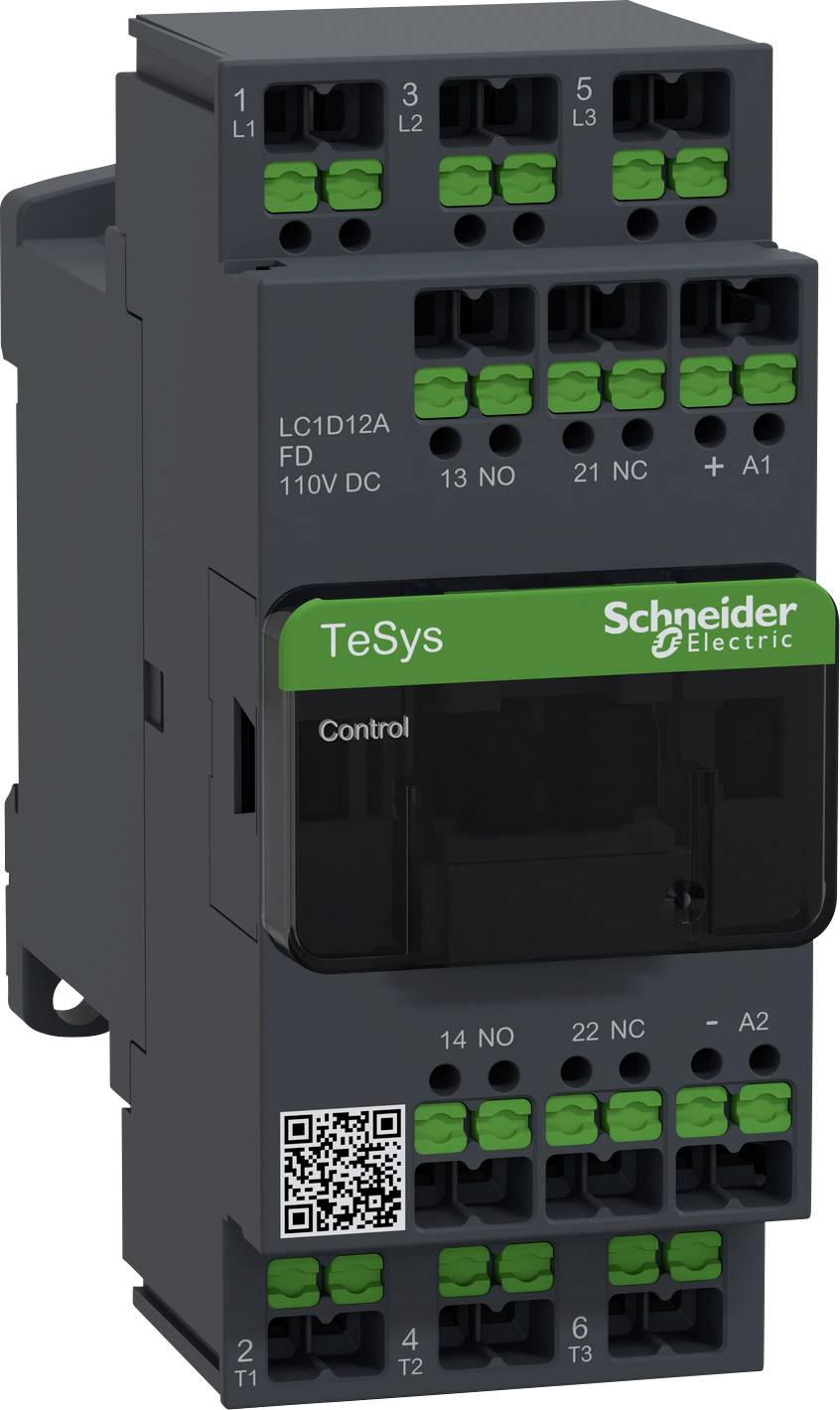 Ein schwarzes elektrisches Schaltgerät von Schneider Electric mit grünen Anschlüssen oben und unten, QR-Code vorne, Modell 'TeSys'.