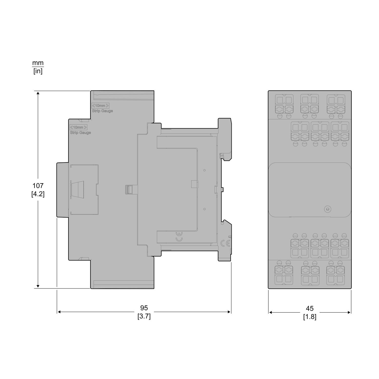 Strukturdiagramm eines elektrischen Geräts mit Abmessungen: Höhe 107 mm, Breite 95 mm, Tiefe 45 mm. Ober- und Seitenansicht gezeigt.