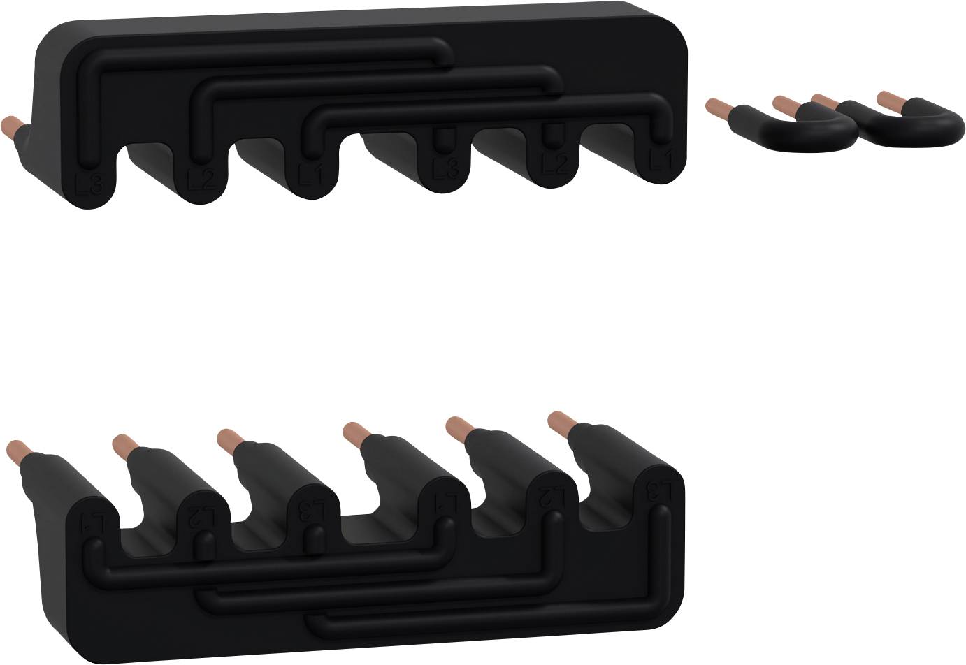 Zwei schwarze elektronische Bauteile mit kupferfarbenen Kontakten. Oben ein kleiner, unten ein größeres Element, beide mit gebogenen Strukturen.