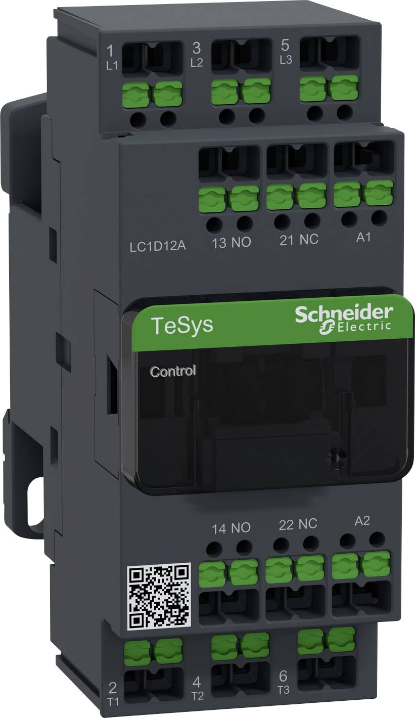 Ein schwarzer Schaltschütz von Schneider Electric, Modell TeSys, mit grünen Anschlüssen und einem QR-Code.