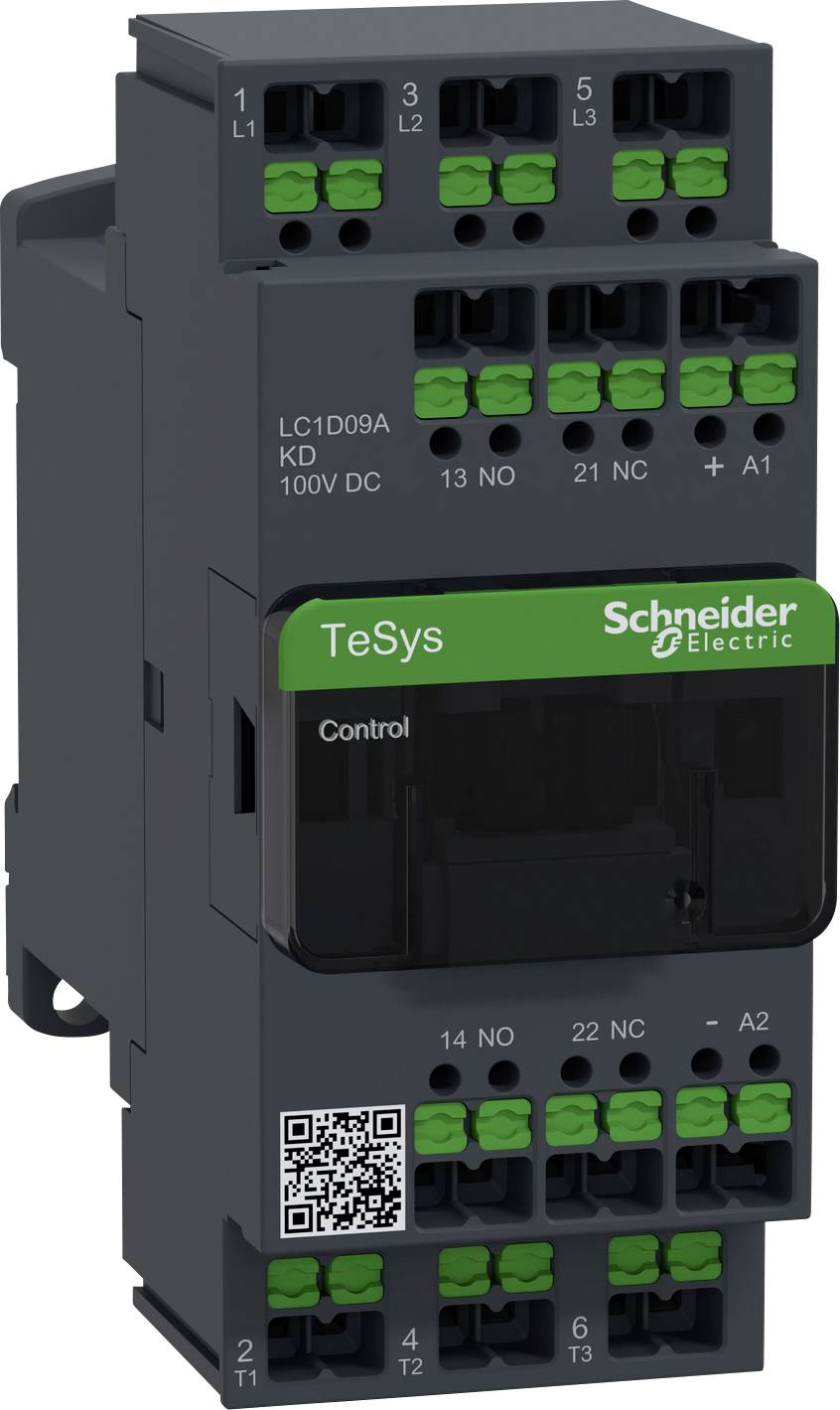 Ein grüner Schneider Electric TeSys Kontaktor, Modell LC1D09A, geeignet für Gleichspannung bis 100V DC. Enthält QR-Code.
