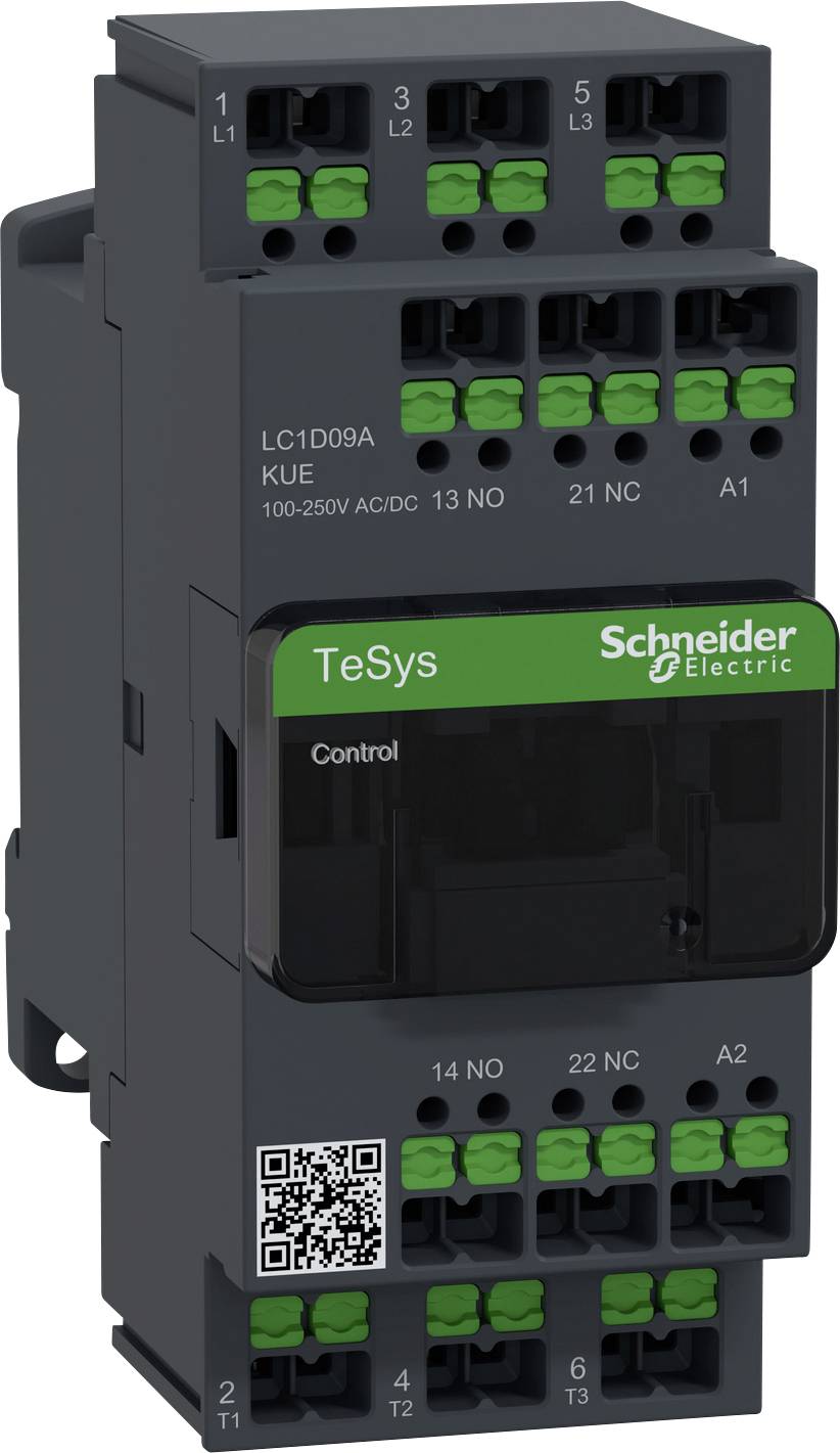 'Schneider Electric TeSys LC1D09' Schütz, für Steuerung elektrischer Motoren. Schwarzes Gehäuse, grüne Klemmen, QR-Code unten links.