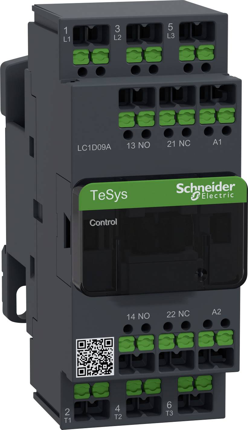 Schütz von Schneider Electric, Modell 'TeSys' mit grünem Logo und schwarzem Gehäuse. Vorderseite zeigt QR-Code und Anschlussklemmen.