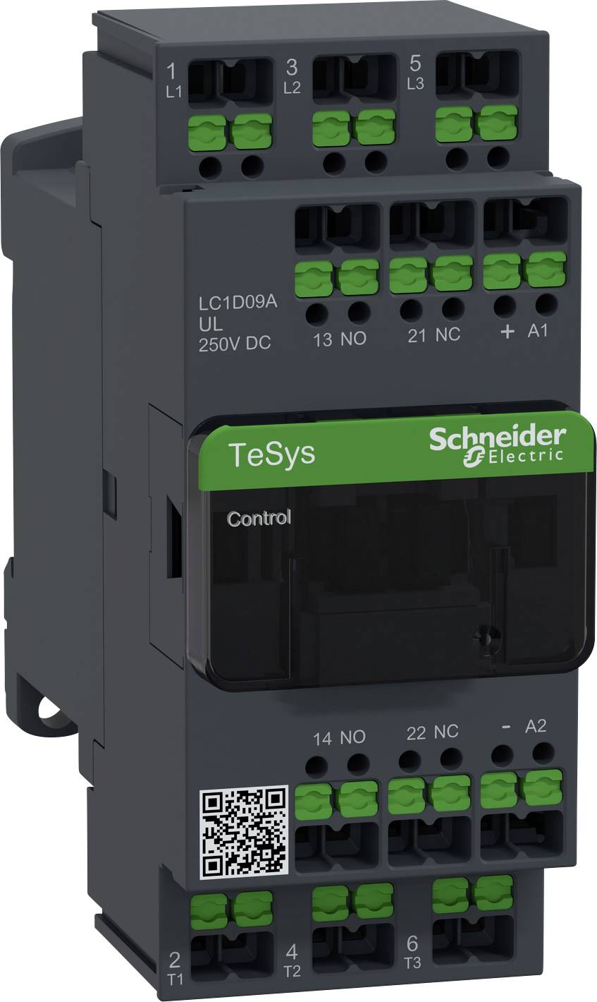 Schneider Electric TeSys Motorschütz, Modell LC1D09. Enthält Anschlussklemmen und beschriftete Bedienelemente für Steuerung und Sicherheit.