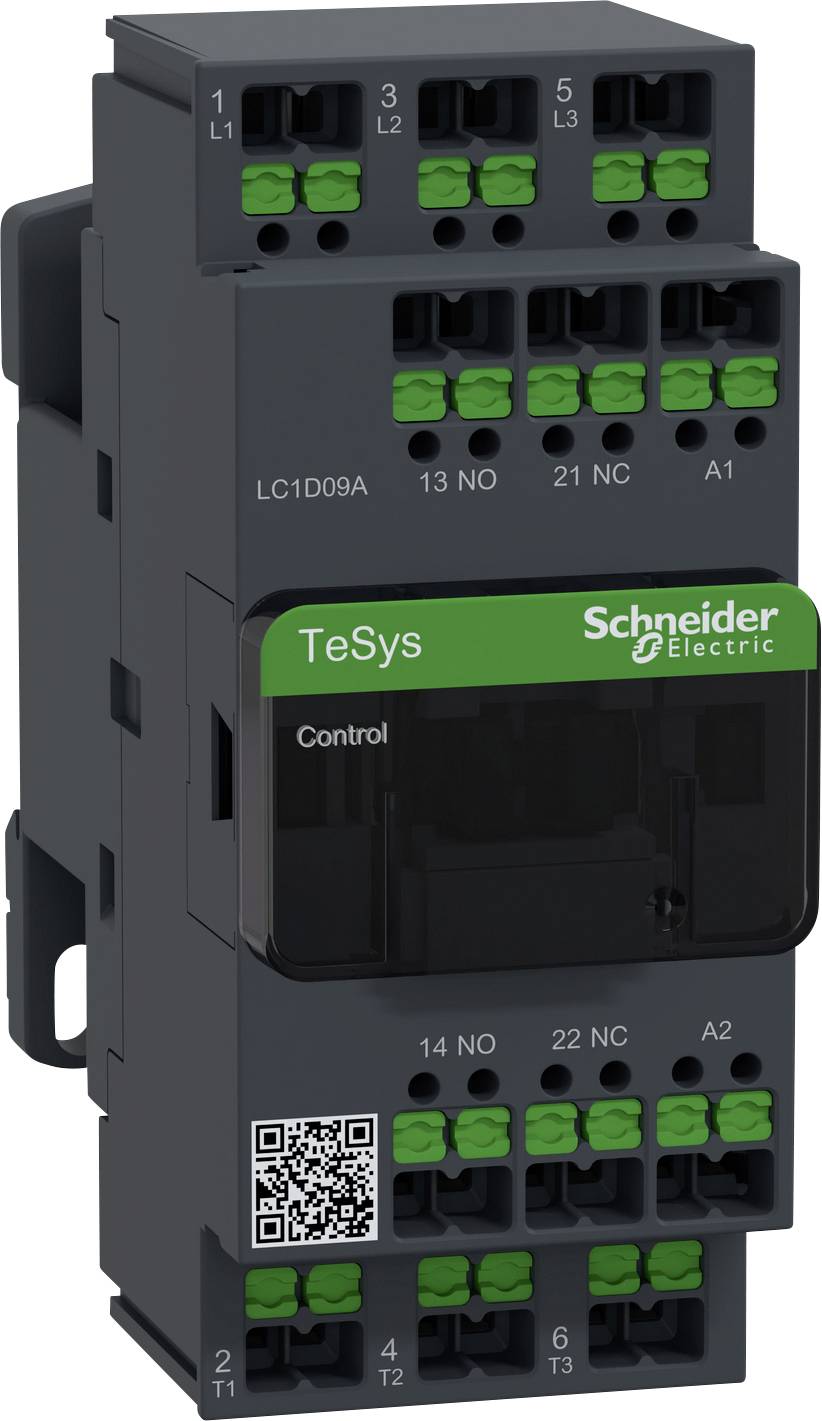 Ein schwarzer Schneider Electric TeSys Schütz mit grüner Beschriftung und mehreren Anschlussklemmen, geeignet für Steuerungsanwendungen.