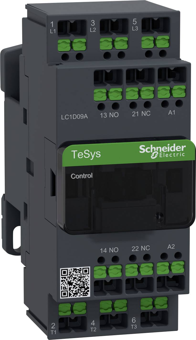 Schwarzer elektrischer Schütz von Schneider Electric mit grünen Anschlüssen, Modell 'TeSys'. Enthält QR-Code und Kontrollbereich.