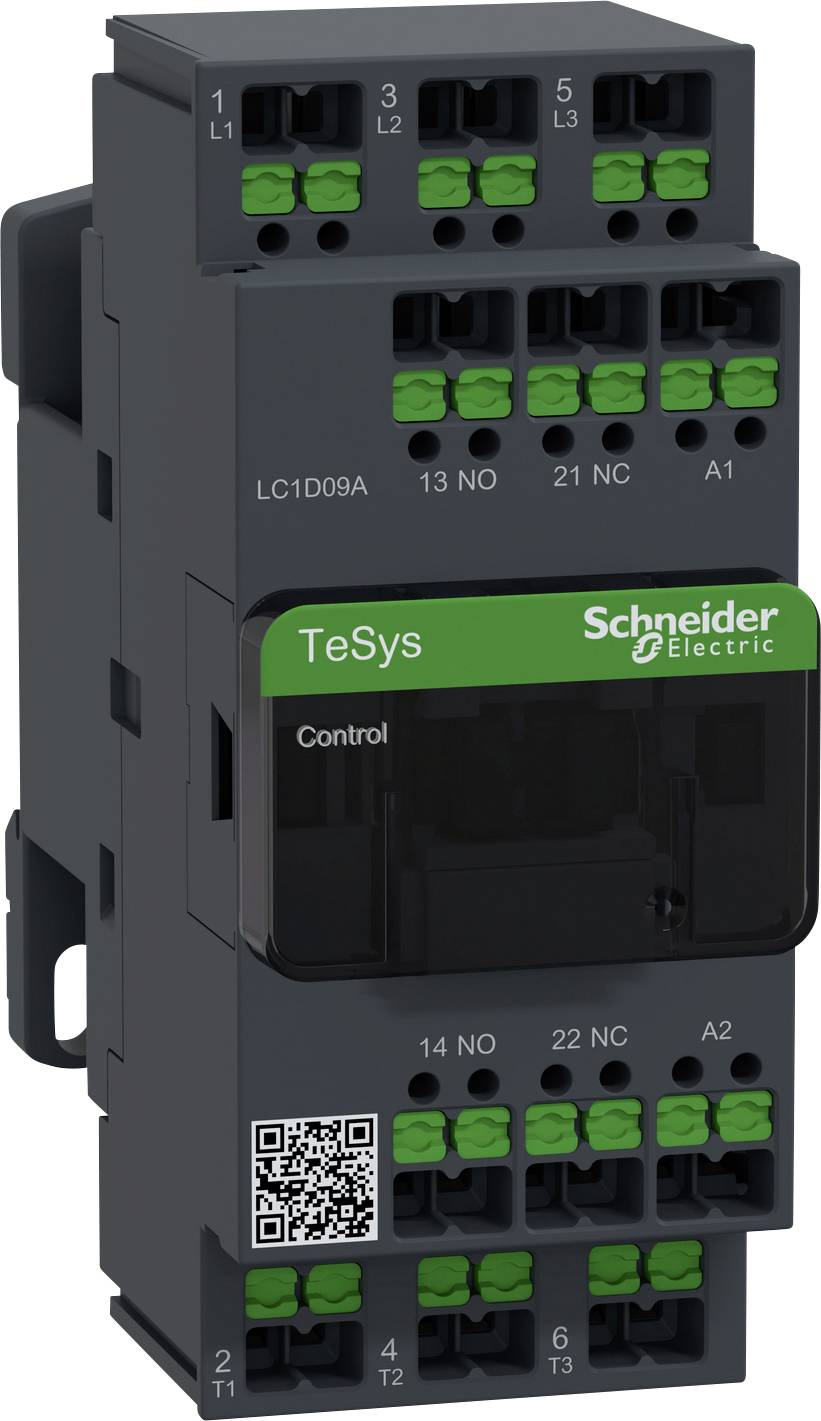 Ein elektrischer Schütz von Schneider Electric, Modell 'TeSys'. Es zeigt Anschlüsse und einen QR-Code auf der Vorderseite.