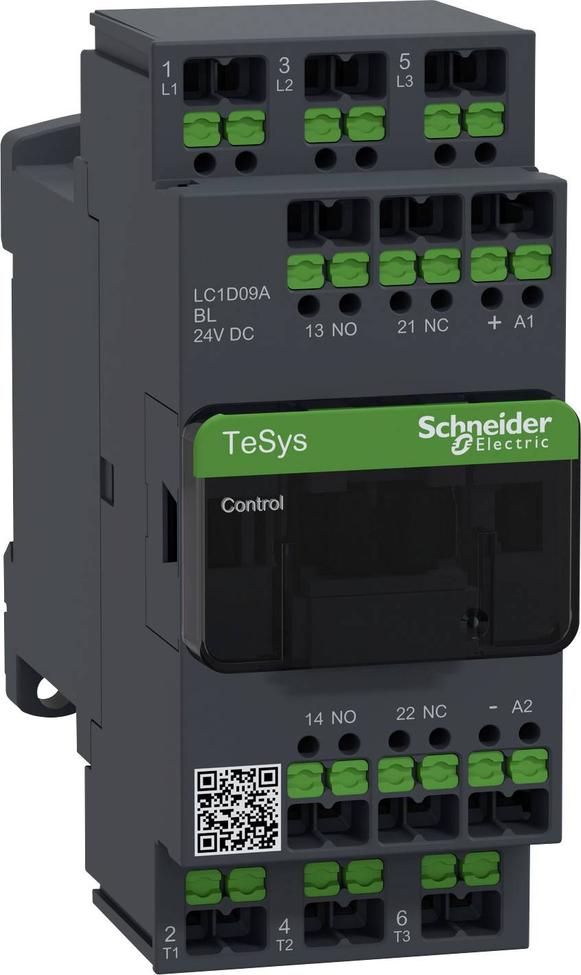 Ein dunkelgraues Schütz von Schneider Electric, Modell 'TeSys', mit grünen Klemmen und Beschriftungen. Es verfügt über Kontroll- und Anschlusspunkte.