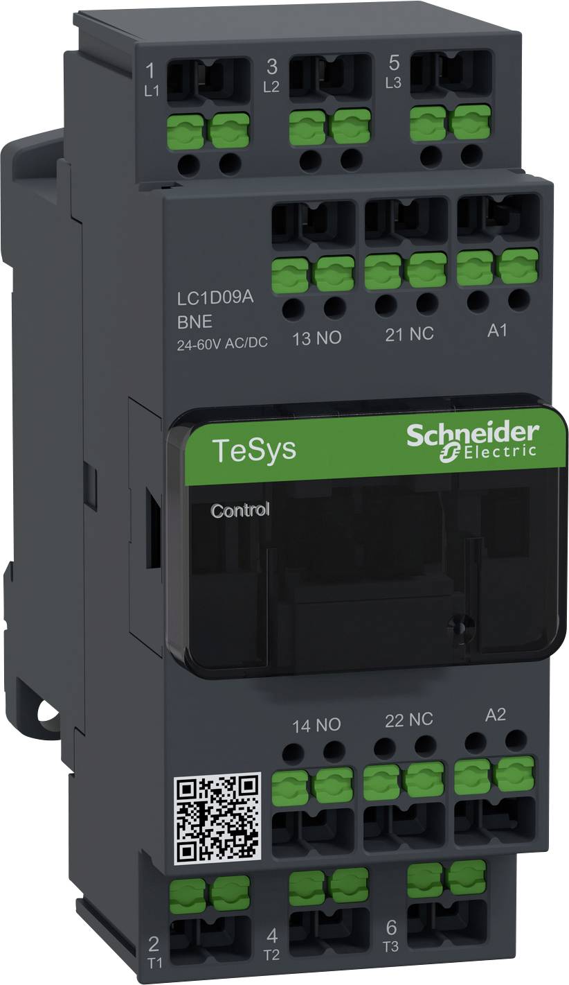 Schwarzer und grüner elektrischer Schalter mit Steckplätzen, Knöpfen und QR-Code. Markenlogo 'Schneider Electric' sichtbar.