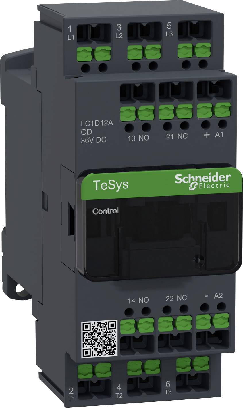 Industrierelais von Schneider Electric mit grüner Aufschrift 'TeSys'. Oberseite: verschiedene Anschlussklemmen und ein QR-Code unten.