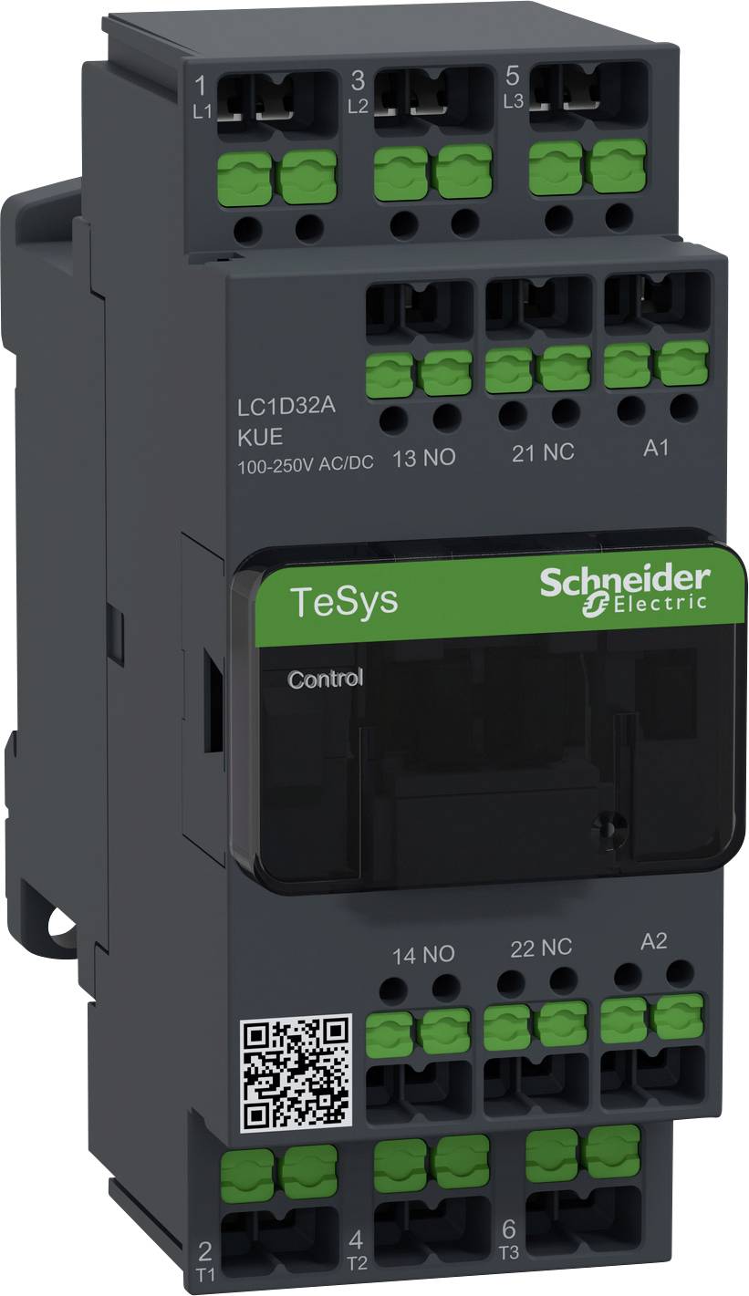 Schütz von Schneider Electric, Modell 'TeSys', zur Steuerung elektrischer Motoren, mit grünen Anschlüssen und QR-Code.