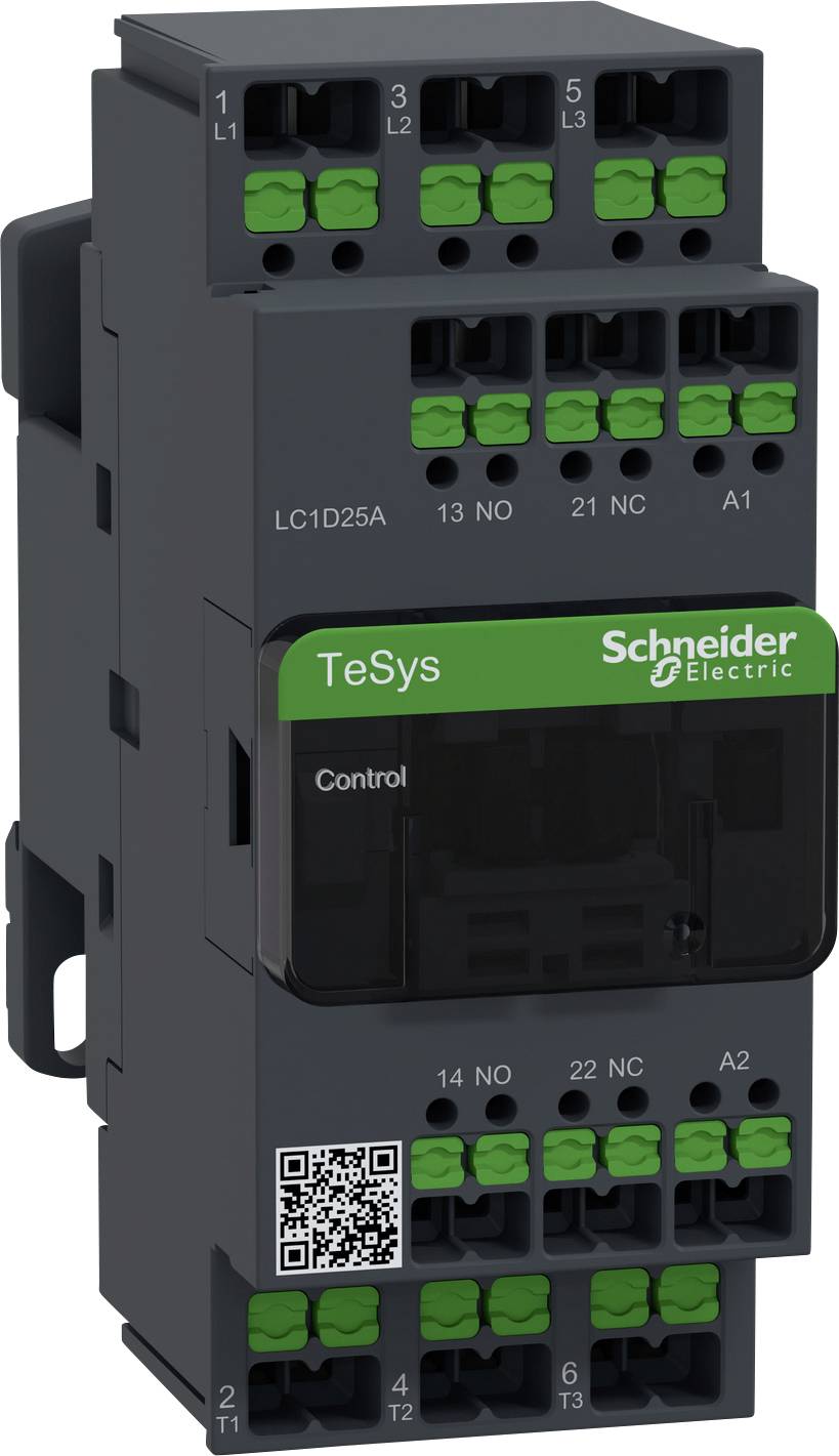 Ein schwarzer elektrischer Schütz von Schneider Electric, Modell TeSys LC1D25A, mit mehreren grünen Steckplätzen und QR-Code.
