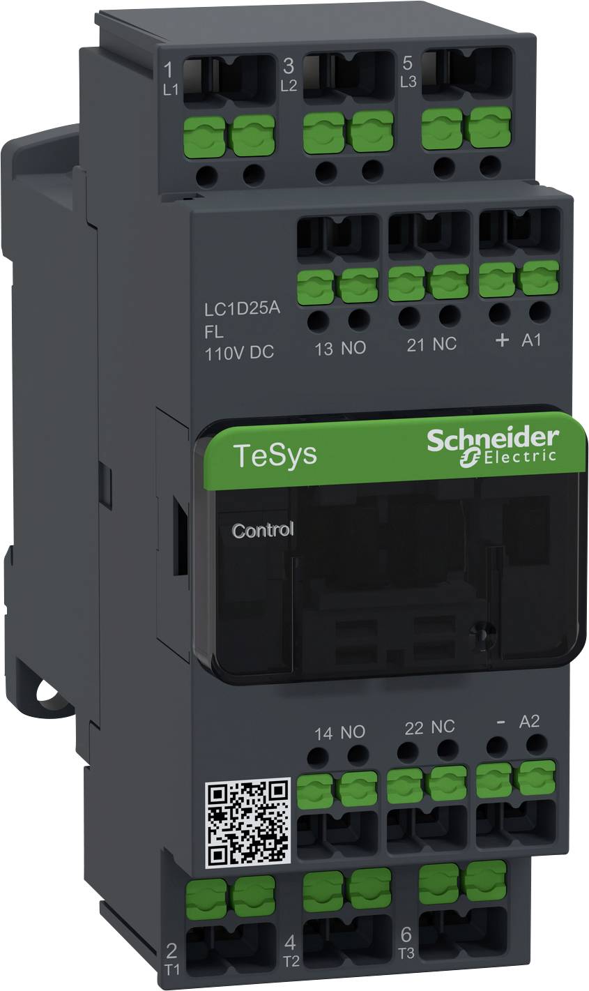 Ein grauer Schaltschütz von Schneider Electric, Modell TeSys, mit mehreren grünen Anschlussklemmen und einem QR-Code auf der Vorderseite.