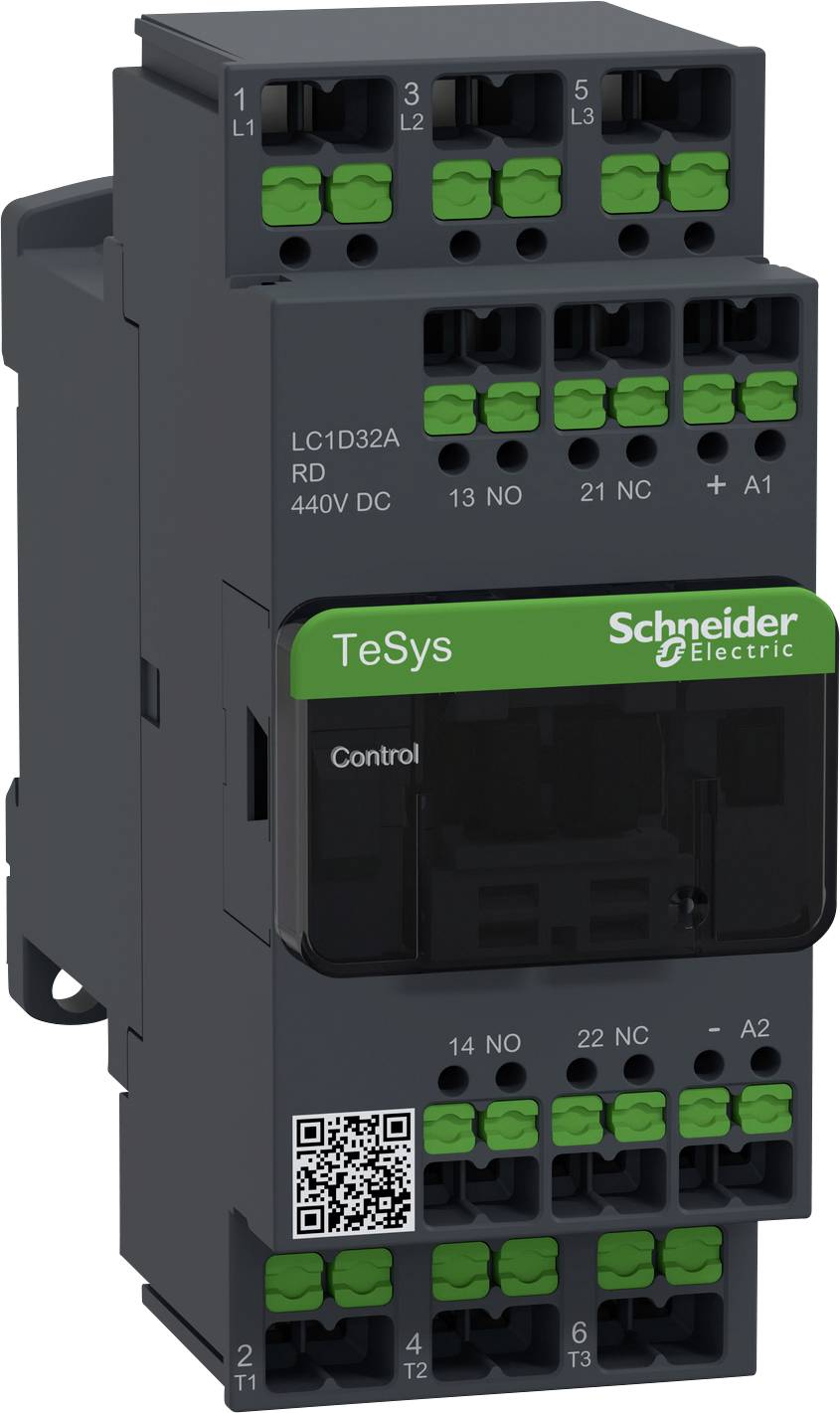 Ein elektronisches Schaltgerät der Marke Schneider Electric, Modell TeSys, mit mehreren grünen Anschlüssen und einem QR-Code auf der Vorderseite.