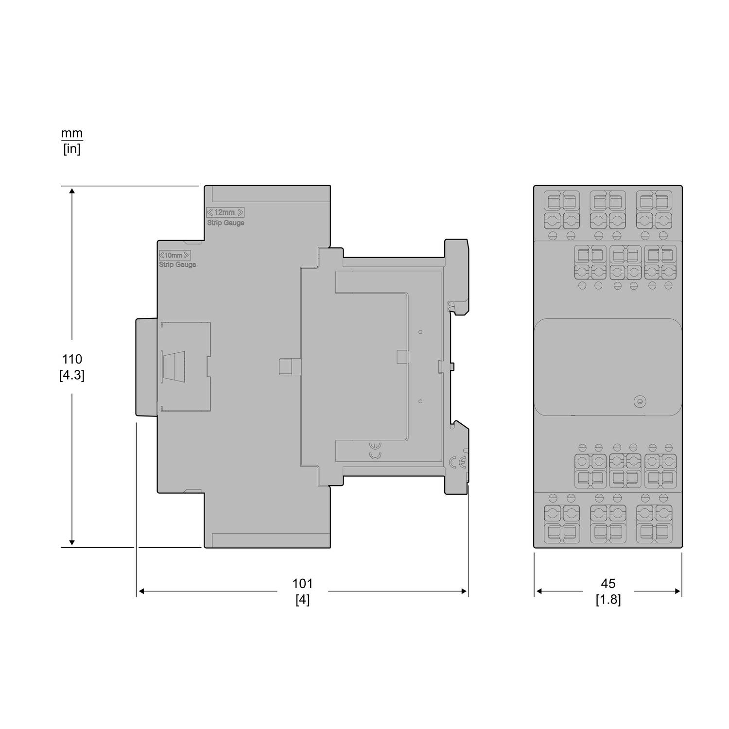 Diagramm eines elektronischen Geräts mit Abmessungen: 110 mm x 101 mm x 45 mm. Zeigt Vorder- und Seitenansicht mit Anschlussdetails.