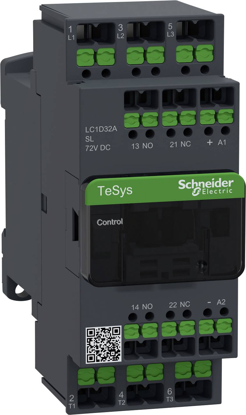 Schütz von Schneider Electric, Modell 'TeSys'. Schwarzes Gehäuse mit grünen Klemmen und einem QR-Code unten.