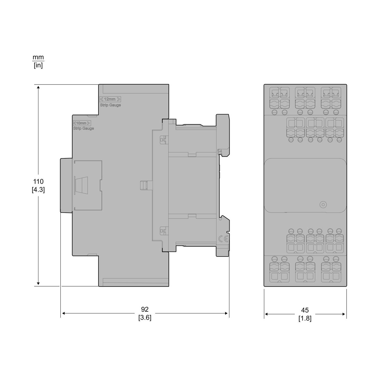 Konstruktionsplan eines elektronischen Bauteils mit Abmessungen: Höhe 110 mm, Breite 92 mm, Tiefe 45 mm. Maße in mm und Zoll.