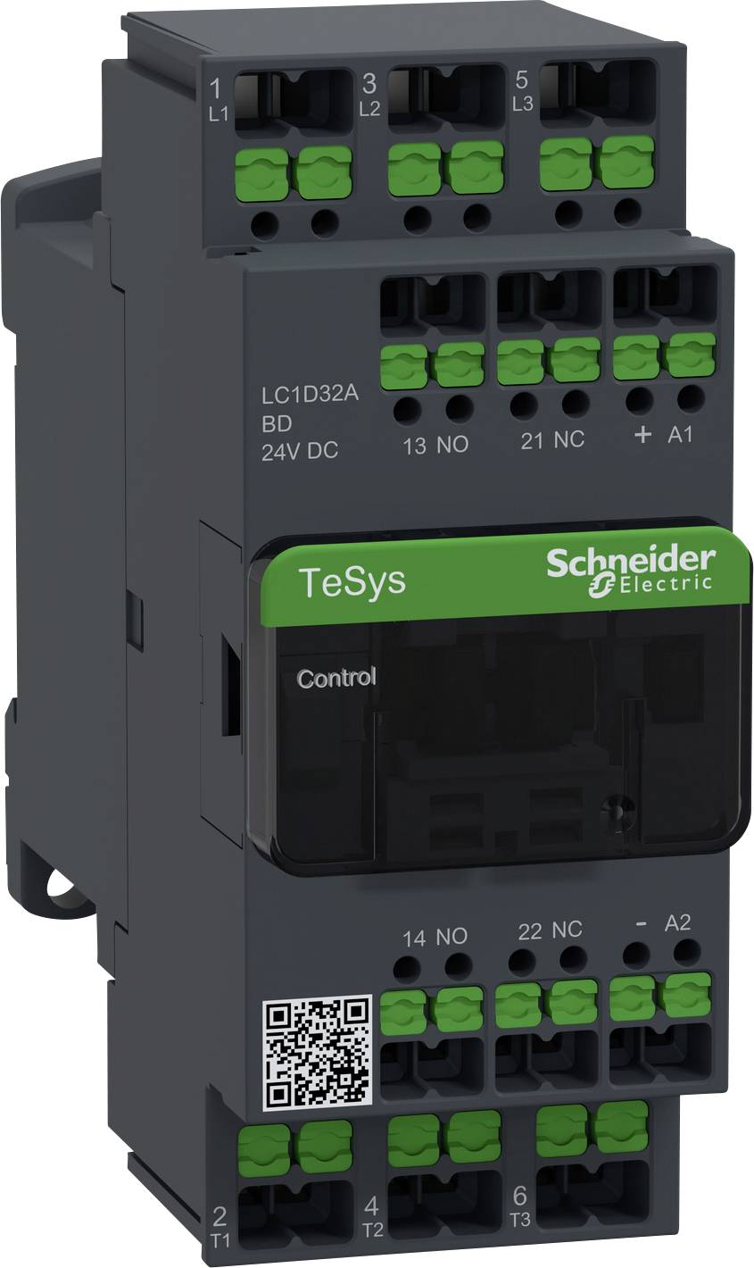 Ein schwarzer Schneider Electric Schütz mit grünen Anschlüssen und der Aufschrift 'TeSys Control'. Oben ist der Aufdruck 'LC1D32A BD 24V DC'.