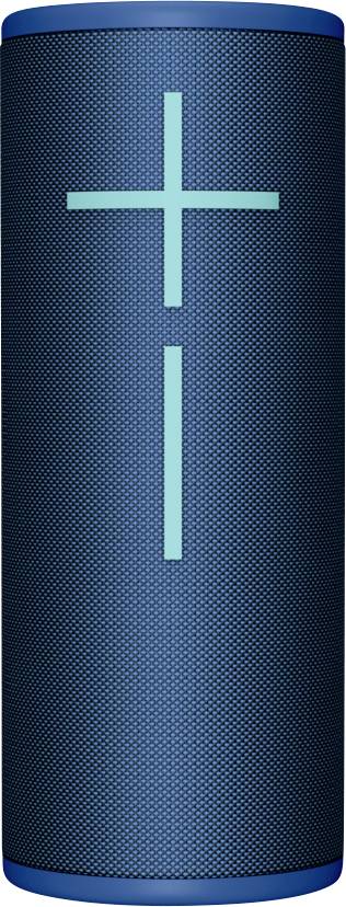 Tragbarer blauer Bluetooth-Lautsprecher mit großen Plus- und Minuszeichen für die Lautstärkeregelung auf der Vorderseite.