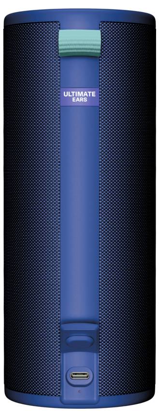 Tragbarer, zylinderförmiger blauer Lautsprecher mit USB-C-Anschluss unten und Markenname 'Ultimate Ears' auf der Vorderseite.