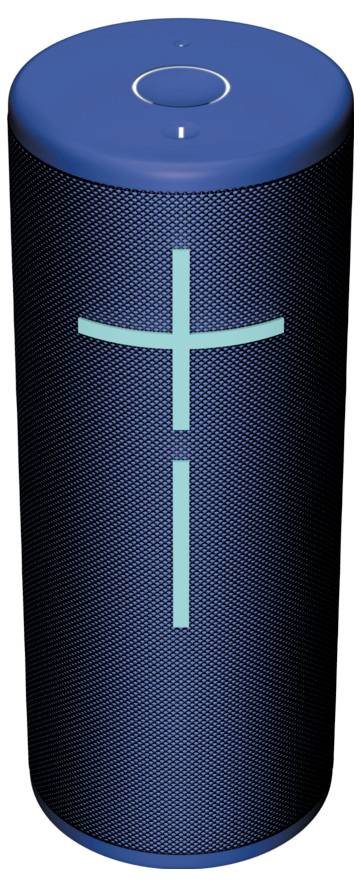 Tragbarer Bluetooth-Lautsprecher in Zylinderform mit blauem Gehäuse und leuchtendem Pluszeichen für Lautstärkesteuerung auf der Vorderseite.