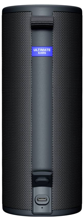 Ein tragbarer, schwarzer Bluetooth-Lautsprecher mit markantem blauen 'Ultimate Ears'-Logo und USB-C-Anschluss unten.
