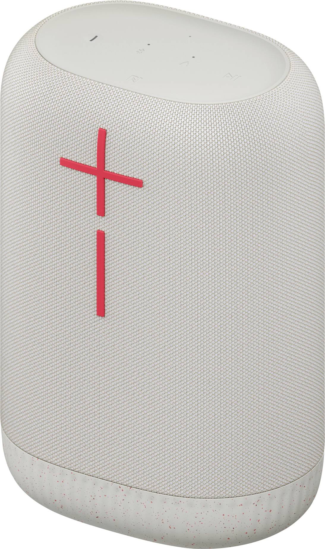 Ein tragbarer, zylindrischer Lautsprecher in Weiß mit rotem Plus- und Minus-Zeichen zur Lautstärkesteuerung.