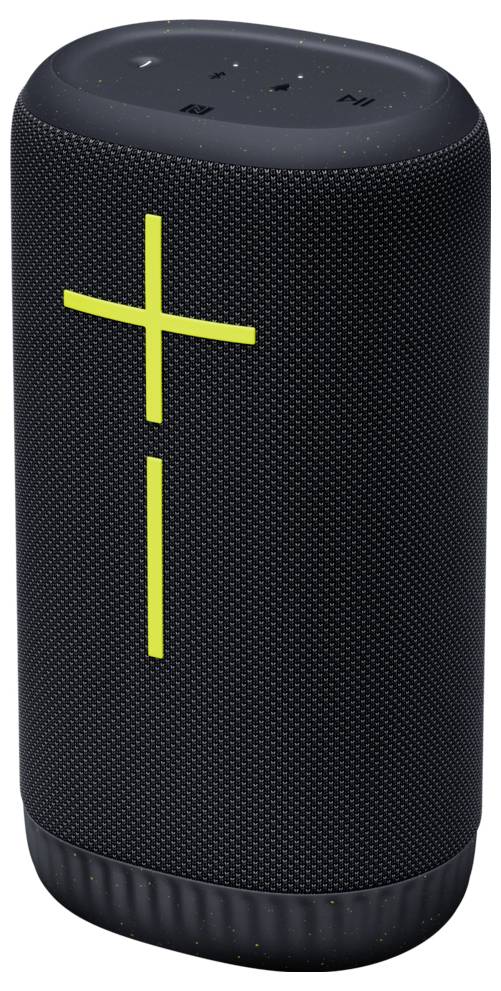 Schwarzer Bluetooth-Lautsprecher mit gelbem Plus-Symbol auf der Vorderseite. Steuertasten befinden sich oben.