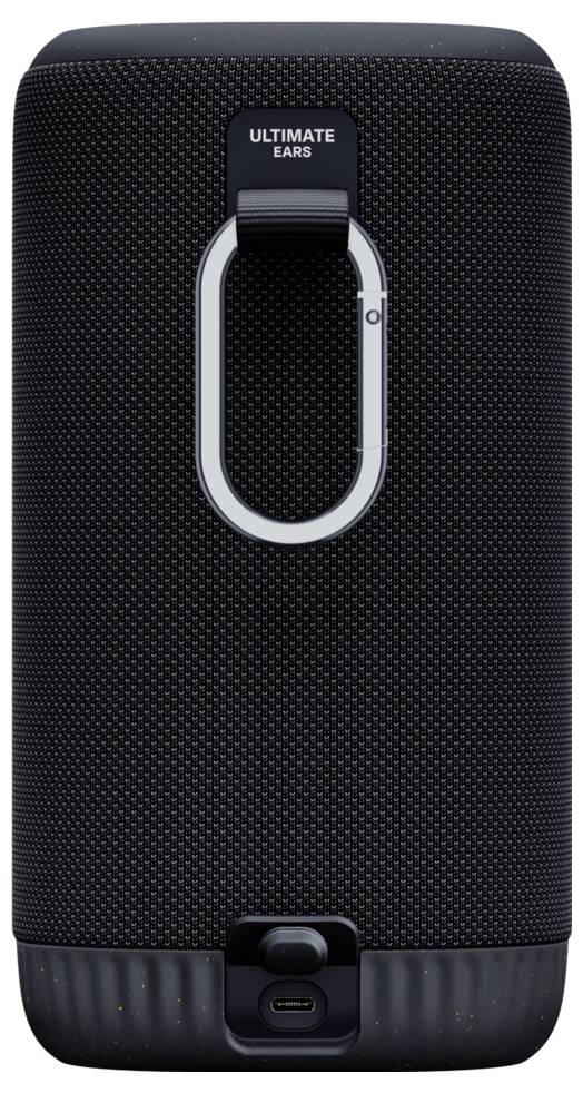 Schwarzer tragbarer Bluetooth-Lautsprecher mit Griff und USB-C-Ladeanschluss, Markenname 'Ultimate Ears' oben aufgedruckt.