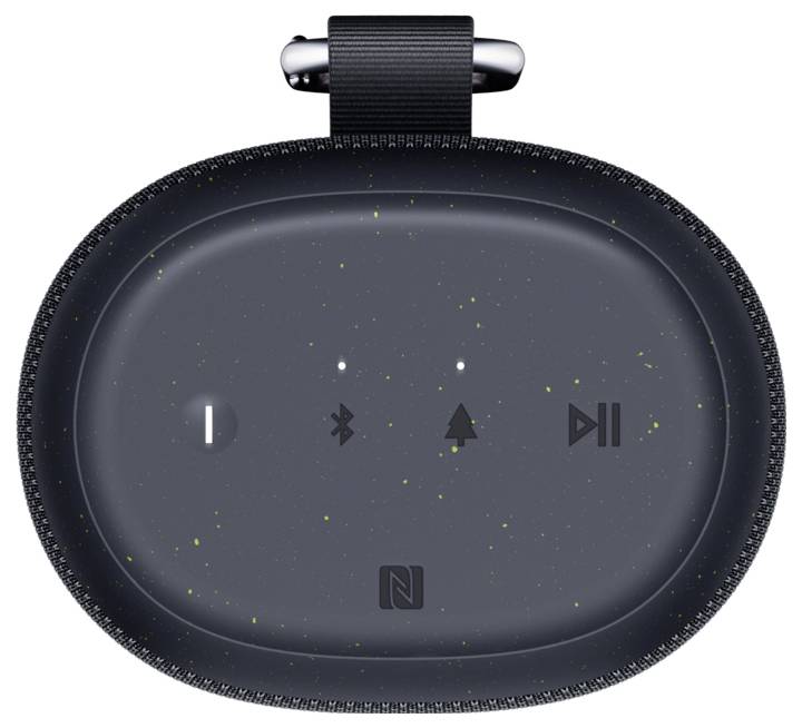 Kabelloses Ladegerät mit Lichteranzeige und NFC-Logo. Zeigt Symbole für Lautstärke, Bluetooth, und Wiedergabesteuerung.