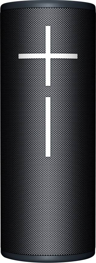 Schwarzer tragbarer Lautsprecher in zylindrischer Form, mit einem vertikalen Pluszeichen auf der Vorderseite.