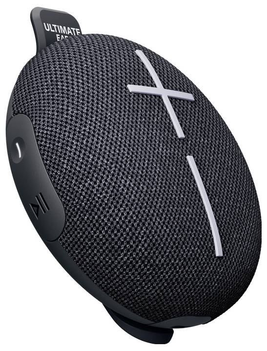 Ein tragbarer, ovaler Lautsprecher mit schwarzem Stoffbezug und weißen Lautstärkereglern. Herstellerbezeichnung 'Ultimate Ears'.