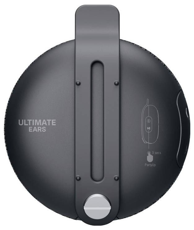 Runder, dunkelgrauer Bluetooth-Lautsprecher von Ultimate Ears mit Tragegriff. Auf der Seite sind Bedienungssymbole abgebildet.
