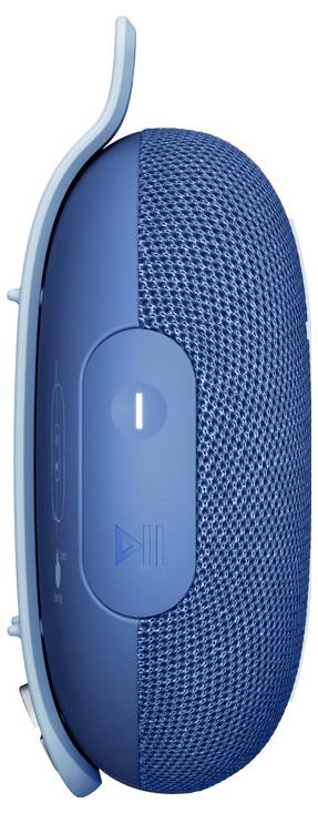 Tragbarer, blauer Bluetooth-Lautsprecher mit seitlichen Steuerungstasten und strukturierter Oberfläche.