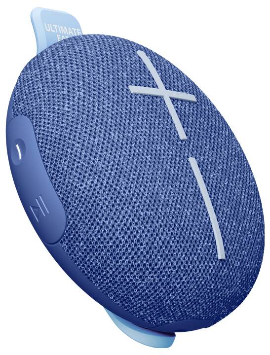 Tragbarer blauer Bluetooth-Lautsprecher in runder Form mit großem Plus- und Minus-Symbol zur Lautstärkeregelung.